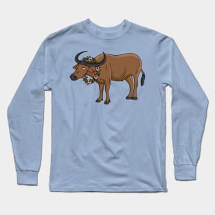 Water buffalo with flowers cartoon illustration Long Sleeve T-Shirt